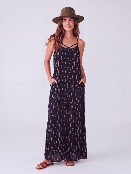 No Boundaries Dresses & Skirts - Boho Black Cactus-Print Spaghetti-Strap Maxi Dress dopamine vacation western